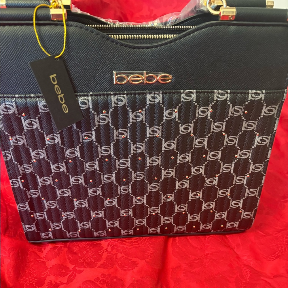 Bebe Black and Gold Patterned Handbag